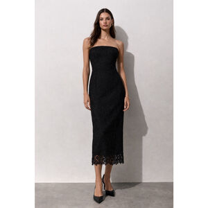 NWT 2021 ZARA Black Strapless Lace Midi Dress S